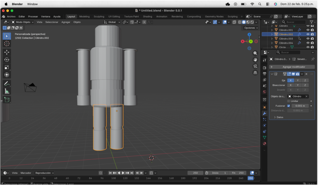 Aplicación del modificador espejo para duplicar la pierna y lograr simetría.