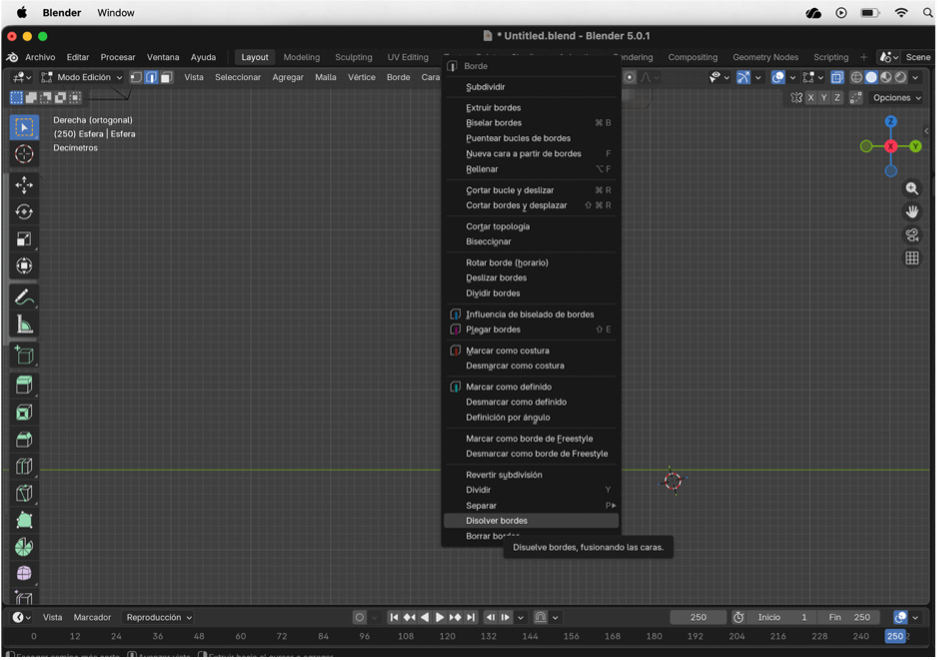 Disolución de bordes para eliminar la mitad de la esfera del zapato.