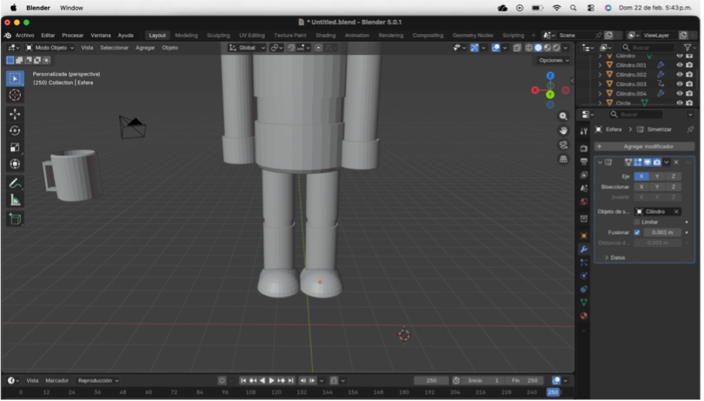 Aplicación del modificador espejo para duplicar el zapato en la otra pierna.