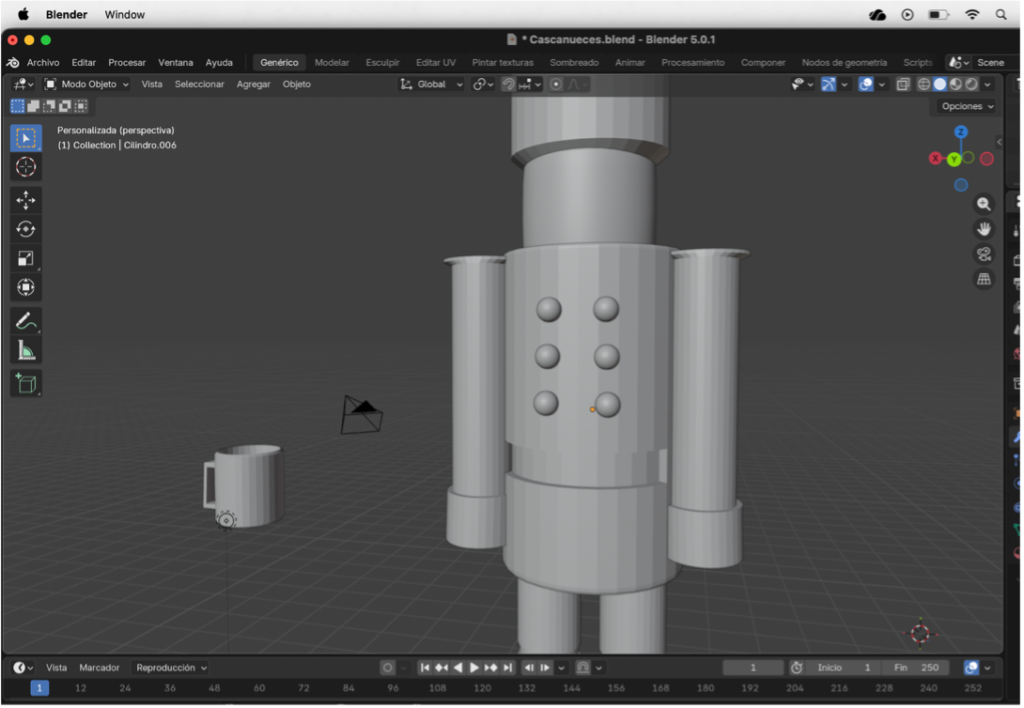 Inserción de esferas y uso del modificador espejo para crear los botones del traje.