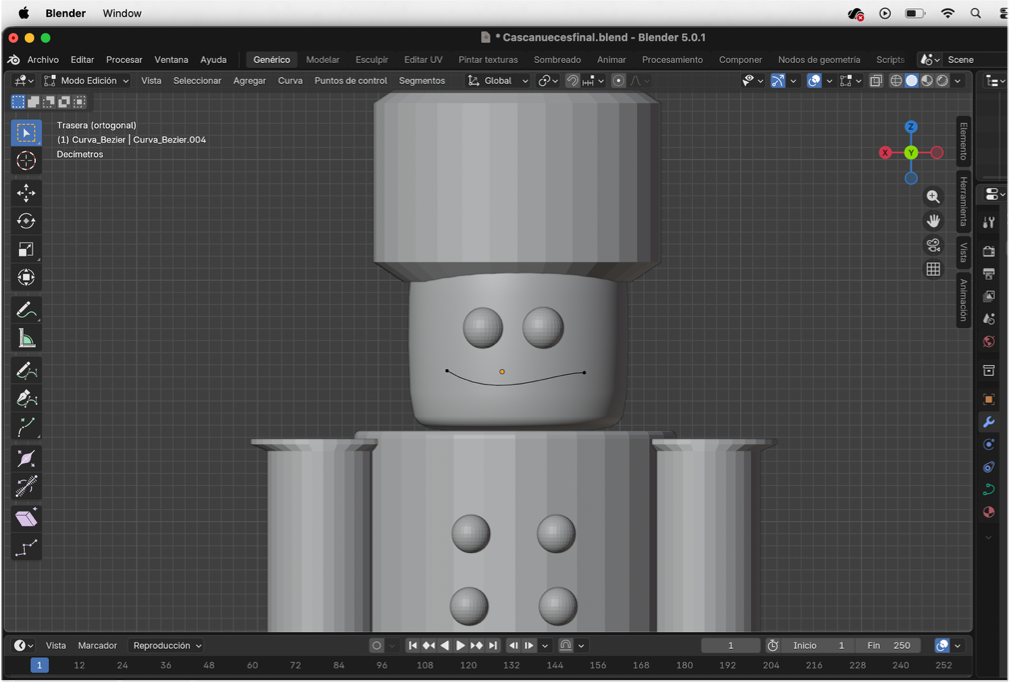 Inserción y ajuste de esferas para los ojos y creación de la boca con curva Bézier.