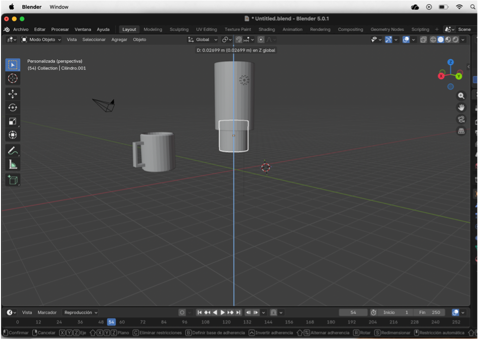 Inserción de un segundo cilindro para comenzar a modelar una extremidad inferior.