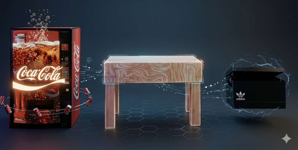 Render 3D futurista de una máquina de Coca-Cola, una mesa de madera y una caja de Adidas con efectos de neón y partículas