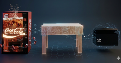 Render 3D futurista de una máquina de Coca-Cola, una mesa de madera y una caja de Adidas con efectos de neón y partículas