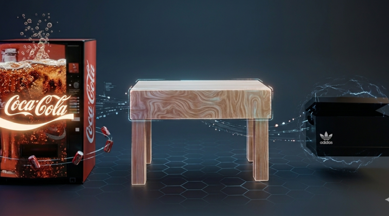 Render 3D futurista de una máquina de Coca-Cola, una mesa de madera y una caja de Adidas con efectos de neón y partículas