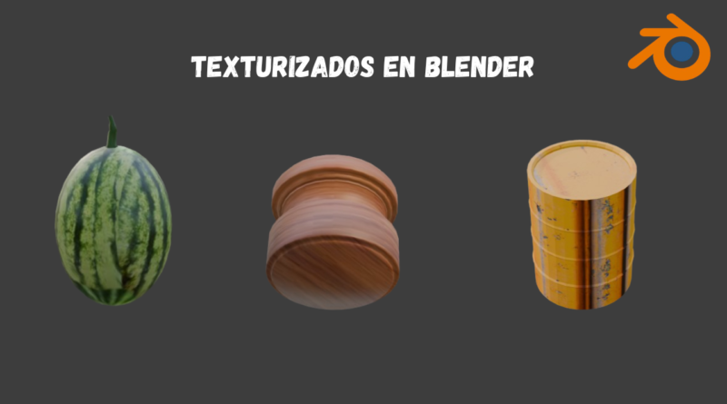 Sandía, jarrón de madera y barril de petróleo texturizados en Blender.