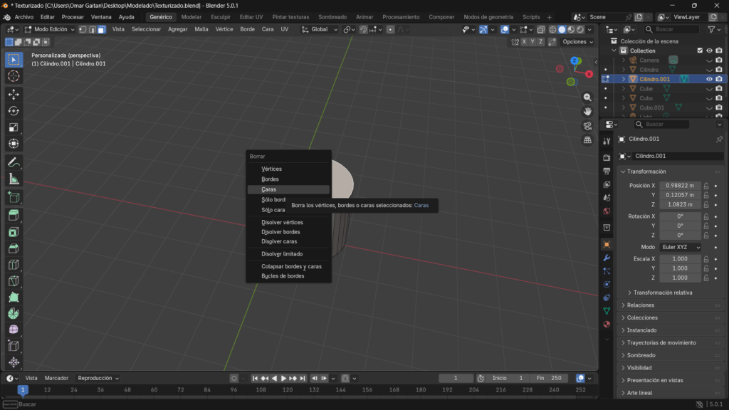 Eliminando una de las caras del cilindro
