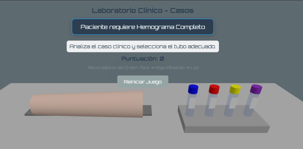 Vista general del escenario virtual. El brazo funciona como el punto de anclaje simbólico para el llenado de muestras basado en casos clínicos.