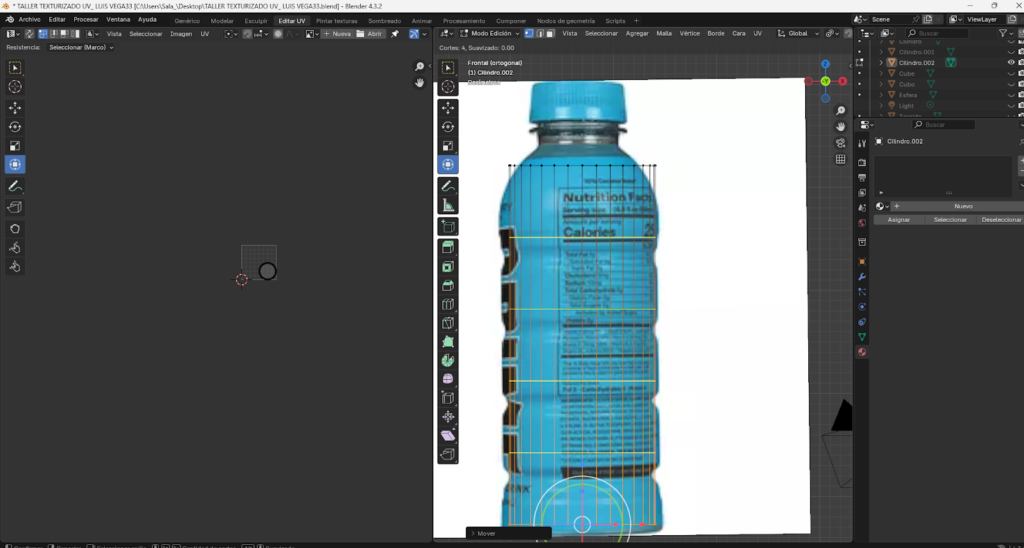 Proceso paso a paso del modelado 3D de una botella energizante en Blender, comenzando desde un cilindro base, ajustes en modo edición, aplicación de loop cuts, biselado y extrusión para definir la forma. Se muestra la preparación de la malla, separación y modelado de la tapa, aplicación de modificador Subdivision Surface y desarrollo del mapeado UV para integrar la etiqueta y texturas realistas, finalizando con la unión completa del modelo optimizado.