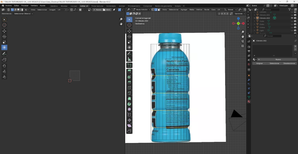 Proceso paso a paso del modelado 3D de una botella energizante en Blender, comenzando desde un cilindro base, ajustes en modo edición, aplicación de loop cuts, biselado y extrusión para definir la forma. Se muestra la preparación de la malla, separación y modelado de la tapa, aplicación de modificador Subdivision Surface y desarrollo del mapeado UV para integrar la etiqueta y texturas realistas, finalizando con la unión completa del modelo optimizado.