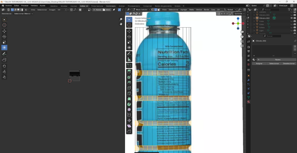 Proceso paso a paso del modelado 3D de una botella energizante en Blender, comenzando desde un cilindro base, ajustes en modo edición, aplicación de loop cuts, biselado y extrusión para definir la forma. Se muestra la preparación de la malla, separación y modelado de la tapa, aplicación de modificador Subdivision Surface y desarrollo del mapeado UV para integrar la etiqueta y texturas realistas, finalizando con la unión completa del modelo optimizado.