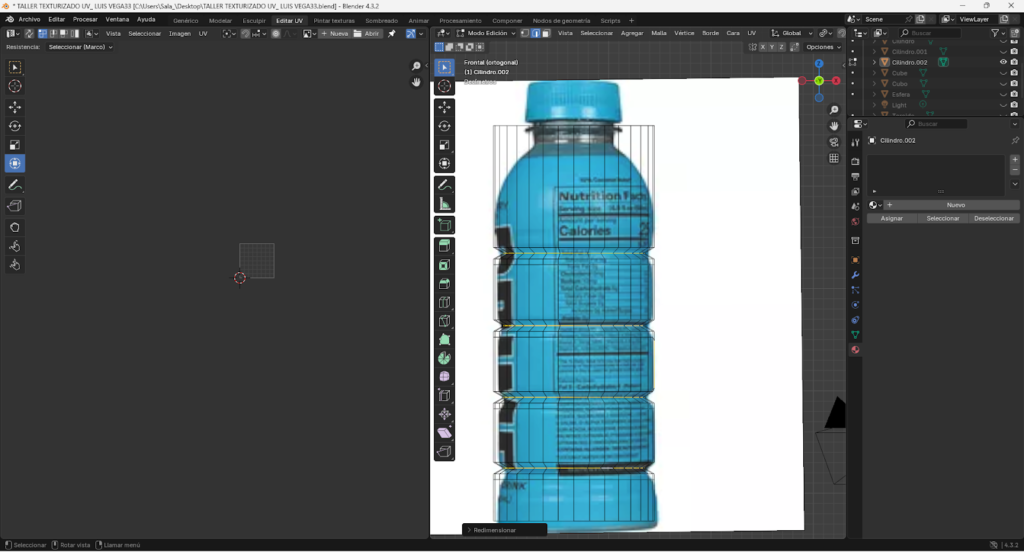 Proceso paso a paso del modelado 3D de una botella energizante en Blender, comenzando desde un cilindro base, ajustes en modo edición, aplicación de loop cuts, biselado y extrusión para definir la forma. Se muestra la preparación de la malla, separación y modelado de la tapa, aplicación de modificador Subdivision Surface y desarrollo del mapeado UV para integrar la etiqueta y texturas realistas, finalizando con la unión completa del modelo optimizado.