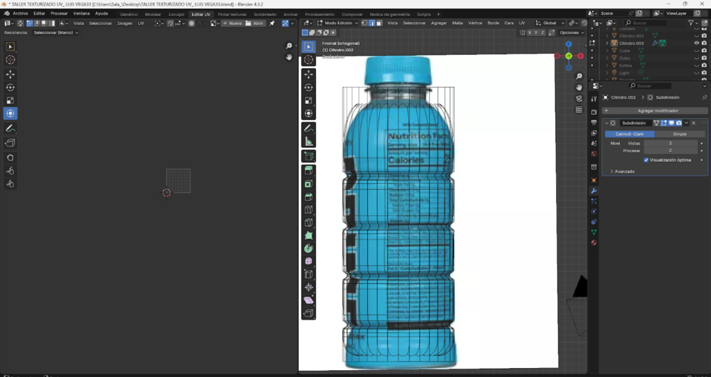 Proceso paso a paso del modelado 3D de una botella energizante en Blender, comenzando desde un cilindro base, ajustes en modo edición, aplicación de loop cuts, biselado y extrusión para definir la forma. Se muestra la preparación de la malla, separación y modelado de la tapa, aplicación de modificador Subdivision Surface y desarrollo del mapeado UV para integrar la etiqueta y texturas realistas, finalizando con la unión completa del modelo optimizado.