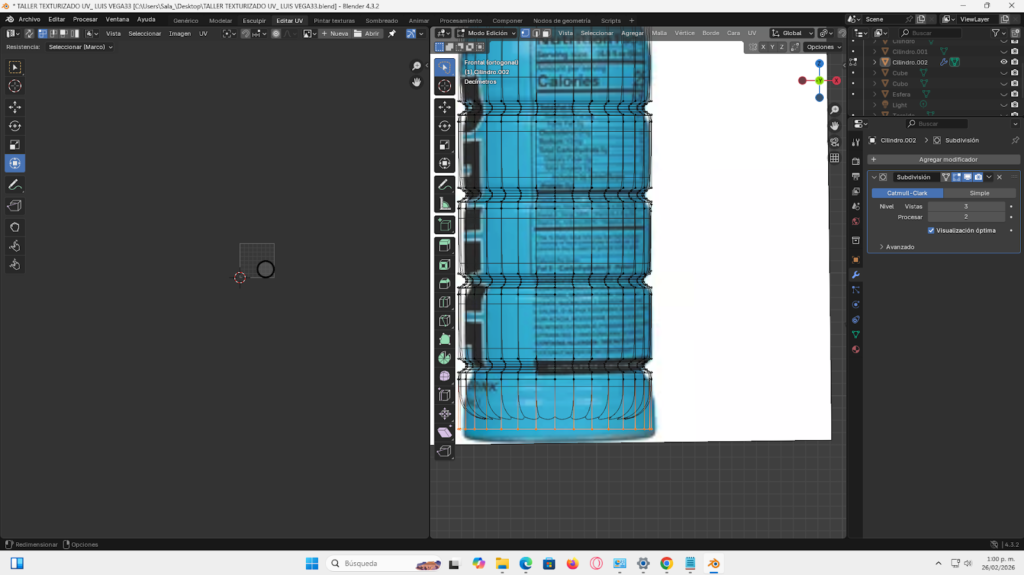 Proceso paso a paso del modelado 3D de una botella energizante en Blender, comenzando desde un cilindro base, ajustes en modo edición, aplicación de loop cuts, biselado y extrusión para definir la forma. Se muestra la preparación de la malla, separación y modelado de la tapa, aplicación de modificador Subdivision Surface y desarrollo del mapeado UV para integrar la etiqueta y texturas realistas, finalizando con la unión completa del modelo optimizado.