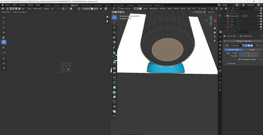 Proceso paso a paso del modelado 3D de una botella energizante en Blender, comenzando desde un cilindro base, ajustes en modo edición, aplicación de loop cuts, biselado y extrusión para definir la forma. Se muestra la preparación de la malla, separación y modelado de la tapa, aplicación de modificador Subdivision Surface y desarrollo del mapeado UV para integrar la etiqueta y texturas realistas, finalizando con la unión completa del modelo optimizado.