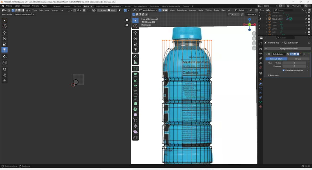 Proceso paso a paso del modelado 3D de una botella energizante en Blender, comenzando desde un cilindro base, ajustes en modo edición, aplicación de loop cuts, biselado y extrusión para definir la forma. Se muestra la preparación de la malla, separación y modelado de la tapa, aplicación de modificador Subdivision Surface y desarrollo del mapeado UV para integrar la etiqueta y texturas realistas, finalizando con la unión completa del modelo optimizado.