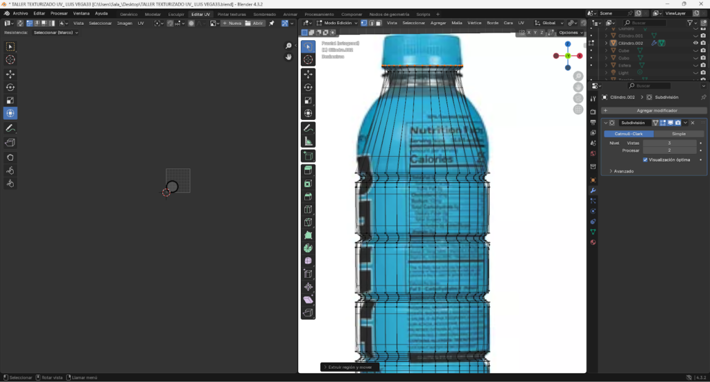 Proceso paso a paso del modelado 3D de una botella energizante en Blender, comenzando desde un cilindro base, ajustes en modo edición, aplicación de loop cuts, biselado y extrusión para definir la forma. Se muestra la preparación de la malla, separación y modelado de la tapa, aplicación de modificador Subdivision Surface y desarrollo del mapeado UV para integrar la etiqueta y texturas realistas, finalizando con la unión completa del modelo optimizado.
