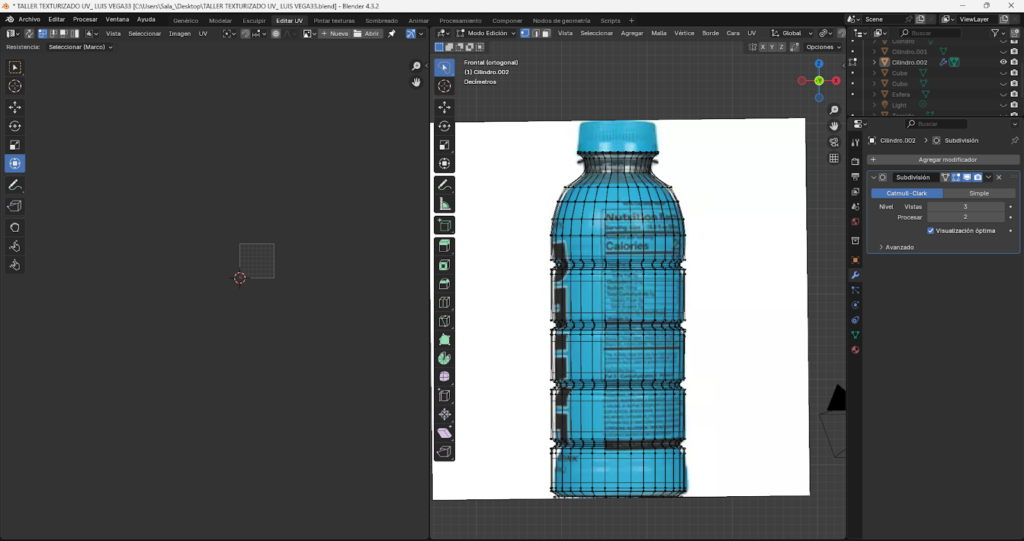 Proceso paso a paso del modelado 3D de una botella energizante en Blender, comenzando desde un cilindro base, ajustes en modo edición, aplicación de loop cuts, biselado y extrusión para definir la forma. Se muestra la preparación de la malla, separación y modelado de la tapa, aplicación de modificador Subdivision Surface y desarrollo del mapeado UV para integrar la etiqueta y texturas realistas, finalizando con la unión completa del modelo optimizado.