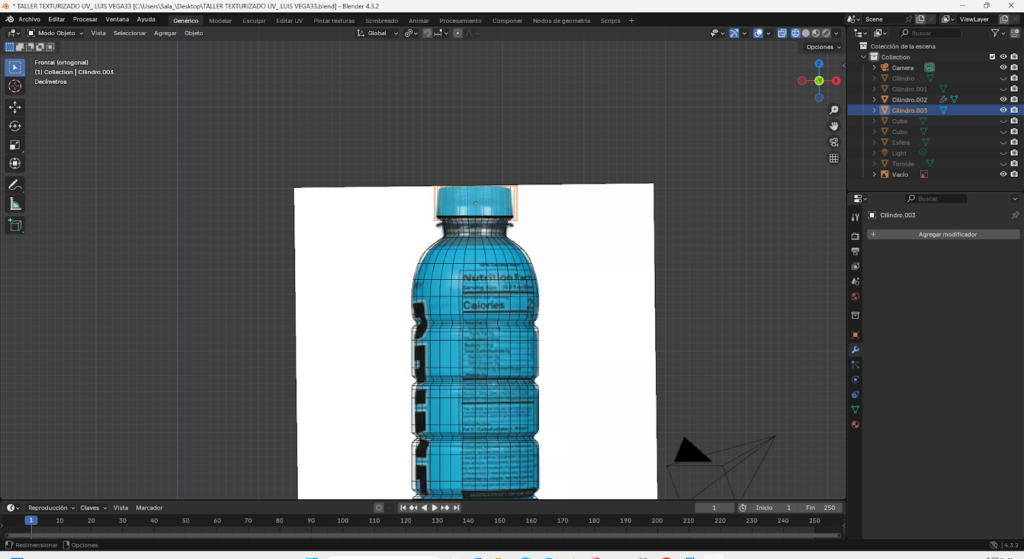 Proceso paso a paso del modelado 3D de una botella energizante en Blender, comenzando desde un cilindro base, ajustes en modo edición, aplicación de loop cuts, biselado y extrusión para definir la forma. Se muestra la preparación de la malla, separación y modelado de la tapa, aplicación de modificador Subdivision Surface y desarrollo del mapeado UV para integrar la etiqueta y texturas realistas, finalizando con la unión completa del modelo optimizado.