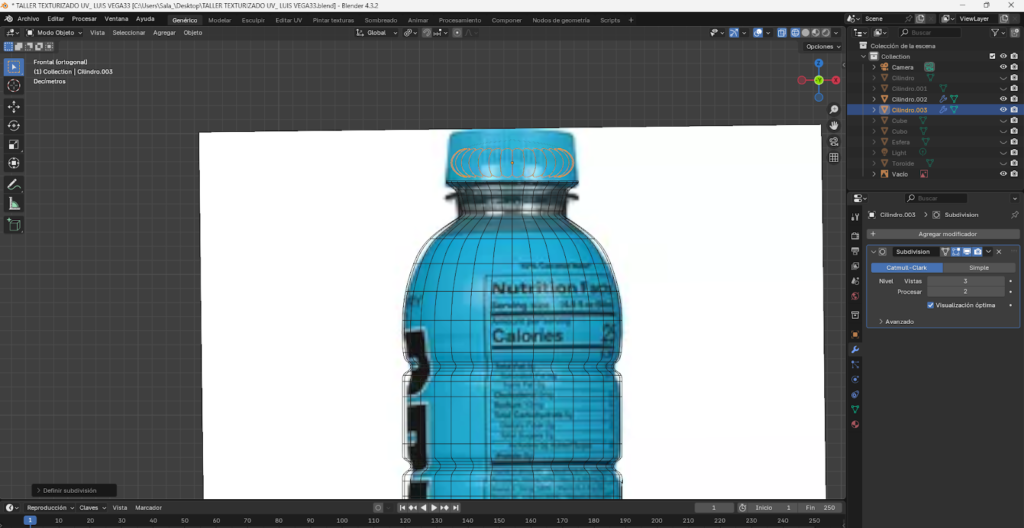 Proceso paso a paso del modelado 3D de una botella energizante en Blender, comenzando desde un cilindro base, ajustes en modo edición, aplicación de loop cuts, biselado y extrusión para definir la forma. Se muestra la preparación de la malla, separación y modelado de la tapa, aplicación de modificador Subdivision Surface y desarrollo del mapeado UV para integrar la etiqueta y texturas realistas, finalizando con la unión completa del modelo optimizado.