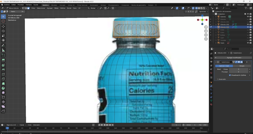 Proceso paso a paso del modelado 3D de una botella energizante en Blender, comenzando desde un cilindro base, ajustes en modo edición, aplicación de loop cuts, biselado y extrusión para definir la forma. Se muestra la preparación de la malla, separación y modelado de la tapa, aplicación de modificador Subdivision Surface y desarrollo del mapeado UV para integrar la etiqueta y texturas realistas, finalizando con la unión completa del modelo optimizado.