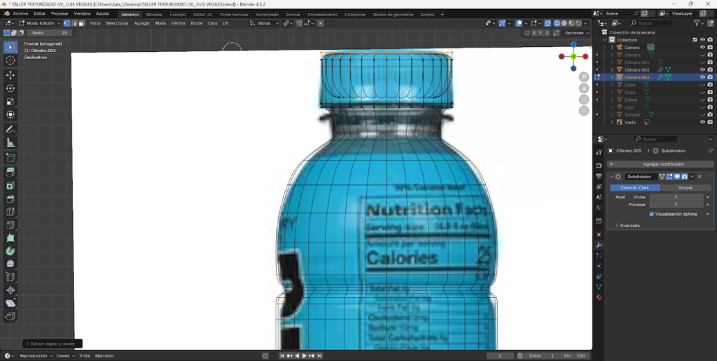 Proceso paso a paso del modelado 3D de una botella energizante en Blender, comenzando desde un cilindro base, ajustes en modo edición, aplicación de loop cuts, biselado y extrusión para definir la forma. Se muestra la preparación de la malla, separación y modelado de la tapa, aplicación de modificador Subdivision Surface y desarrollo del mapeado UV para integrar la etiqueta y texturas realistas, finalizando con la unión completa del modelo optimizado.