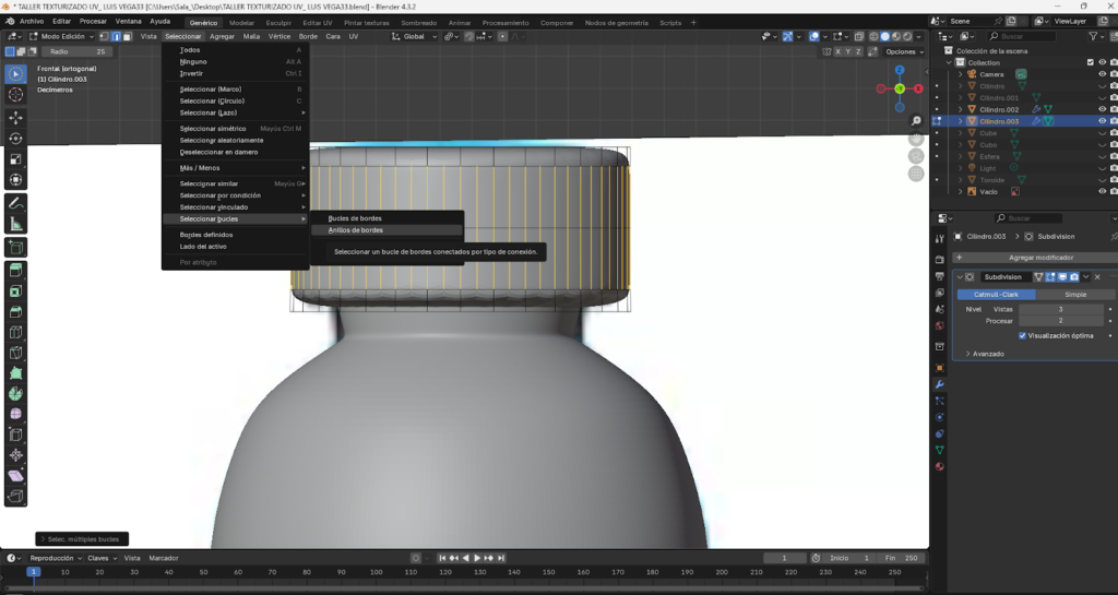 Proceso paso a paso del modelado 3D de una botella energizante en Blender, comenzando desde un cilindro base, ajustes en modo edición, aplicación de loop cuts, biselado y extrusión para definir la forma. Se muestra la preparación de la malla, separación y modelado de la tapa, aplicación de modificador Subdivision Surface y desarrollo del mapeado UV para integrar la etiqueta y texturas realistas, finalizando con la unión completa del modelo optimizado.