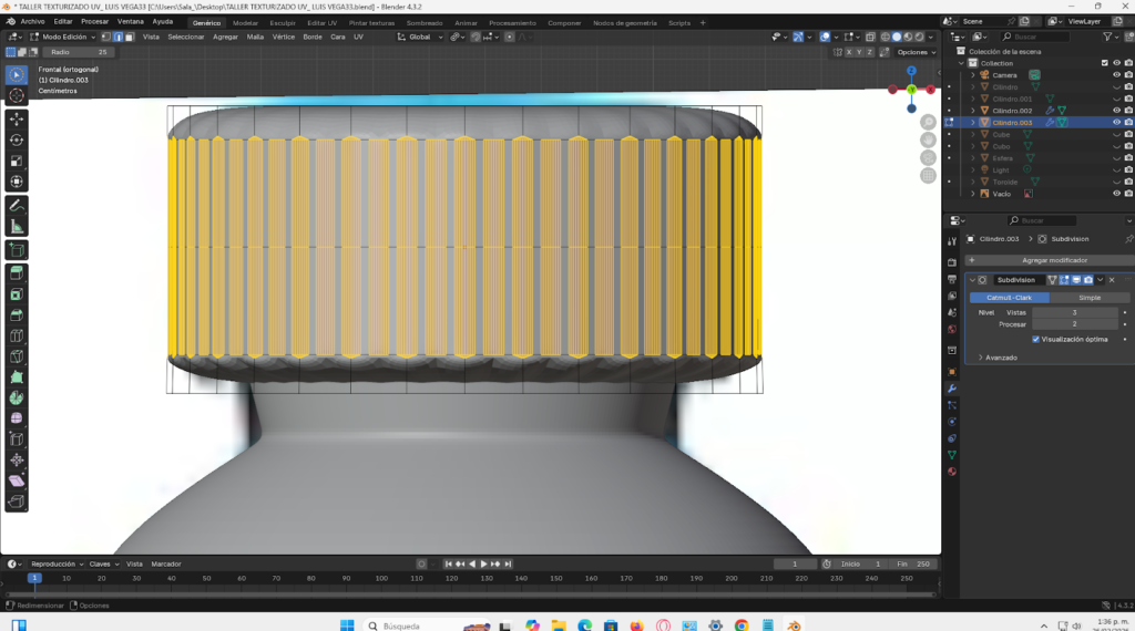 Proceso paso a paso del modelado 3D de una botella energizante en Blender, comenzando desde un cilindro base, ajustes en modo edición, aplicación de loop cuts, biselado y extrusión para definir la forma. Se muestra la preparación de la malla, separación y modelado de la tapa, aplicación de modificador Subdivision Surface y desarrollo del mapeado UV para integrar la etiqueta y texturas realistas, finalizando con la unión completa del modelo optimizado.