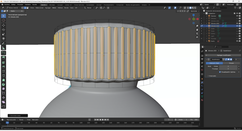 Proceso paso a paso del modelado 3D de una botella energizante en Blender, comenzando desde un cilindro base, ajustes en modo edición, aplicación de loop cuts, biselado y extrusión para definir la forma. Se muestra la preparación de la malla, separación y modelado de la tapa, aplicación de modificador Subdivision Surface y desarrollo del mapeado UV para integrar la etiqueta y texturas realistas, finalizando con la unión completa del modelo optimizado.