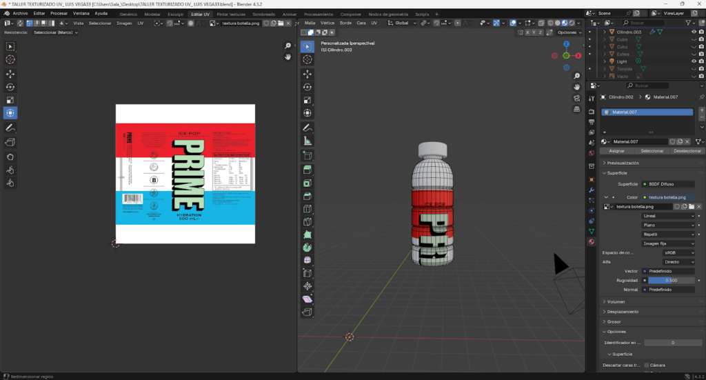 Proceso paso a paso del modelado 3D de una botella energizante en Blender, comenzando desde un cilindro base, ajustes en modo edición, aplicación de loop cuts, biselado y extrusión para definir la forma. Se muestra la preparación de la malla, separación y modelado de la tapa, aplicación de modificador Subdivision Surface y desarrollo del mapeado UV para integrar la etiqueta y texturas realistas, finalizando con la unión completa del modelo optimizado.