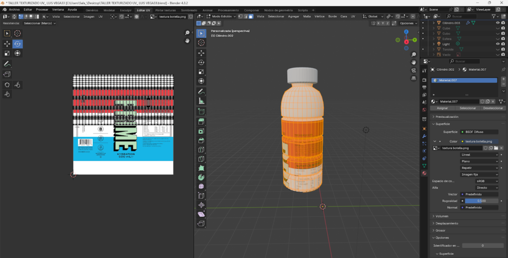 Proceso paso a paso del modelado 3D de una botella energizante en Blender, comenzando desde un cilindro base, ajustes en modo edición, aplicación de loop cuts, biselado y extrusión para definir la forma. Se muestra la preparación de la malla, separación y modelado de la tapa, aplicación de modificador Subdivision Surface y desarrollo del mapeado UV para integrar la etiqueta y texturas realistas, finalizando con la unión completa del modelo optimizado.