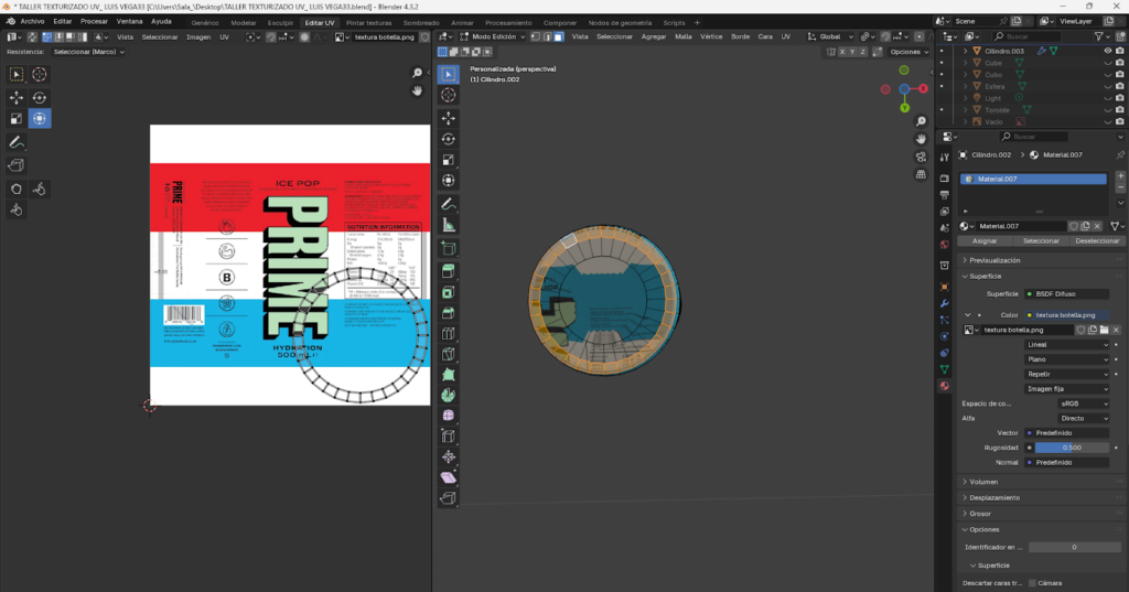 Proceso paso a paso del modelado 3D de una botella energizante en Blender, comenzando desde un cilindro base, ajustes en modo edición, aplicación de loop cuts, biselado y extrusión para definir la forma. Se muestra la preparación de la malla, separación y modelado de la tapa, aplicación de modificador Subdivision Surface y desarrollo del mapeado UV para integrar la etiqueta y texturas realistas, finalizando con la unión completa del modelo optimizado.
