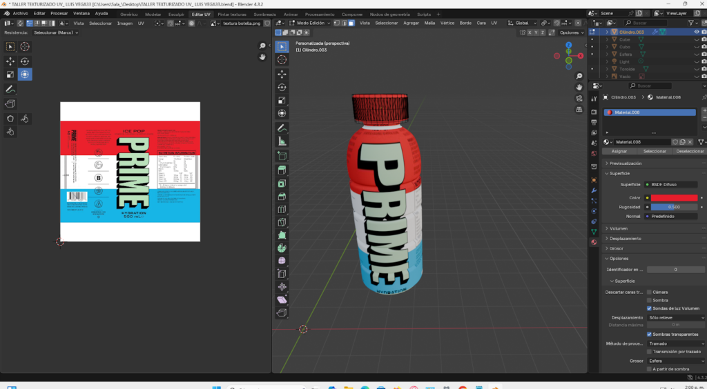 Proceso paso a paso del modelado 3D de una botella energizante en Blender, comenzando desde un cilindro base, ajustes en modo edición, aplicación de loop cuts, biselado y extrusión para definir la forma. Se muestra la preparación de la malla, separación y modelado de la tapa, aplicación de modificador Subdivision Surface y desarrollo del mapeado UV para integrar la etiqueta y texturas realistas, finalizando con la unión completa del modelo optimizado.
