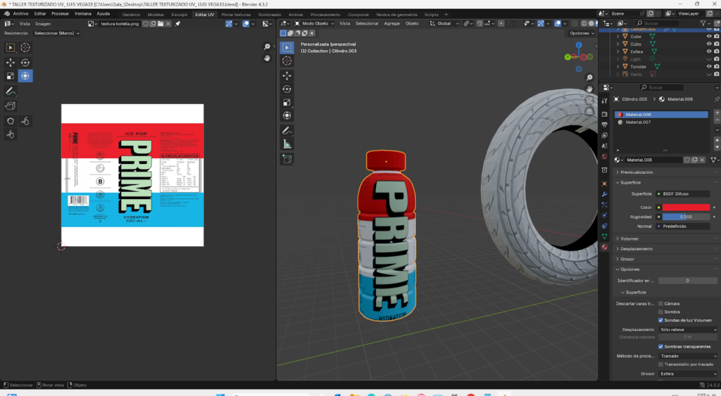 Proceso paso a paso del modelado 3D de una botella energizante en Blender, comenzando desde un cilindro base, ajustes en modo edición, aplicación de loop cuts, biselado y extrusión para definir la forma. Se muestra la preparación de la malla, separación y modelado de la tapa, aplicación de modificador Subdivision Surface y desarrollo del mapeado UV para integrar la etiqueta y texturas realistas, finalizando con la unión completa del modelo optimizado.
