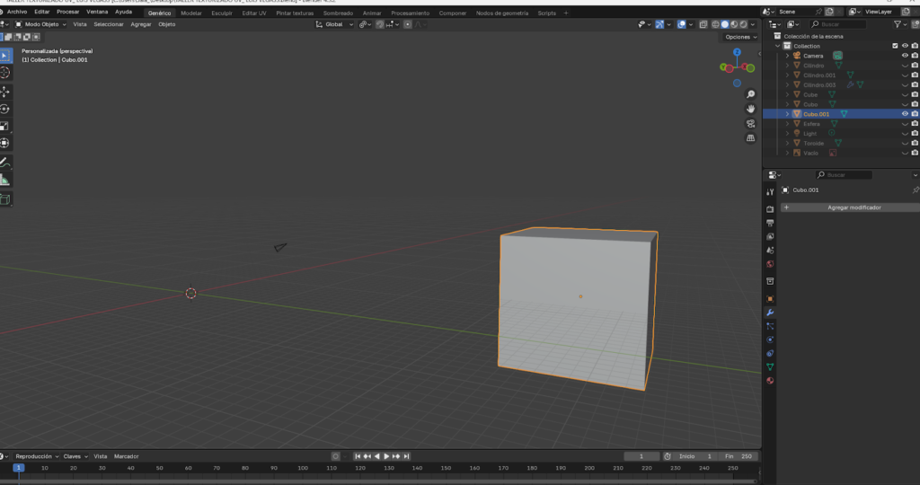 Proceso de creación de un dado 3D en Blender a partir de un cubo base, subdivisión de geometría y aplicación del modificador de superficie de subdivisión para suavizar bordes. Se incluye el marcado de costuras, despliegue del mapa UV y aplicación de textura personalizada, mostrando el ajuste manual de las caras para lograr un resultado limpio y realista en el texturizado.