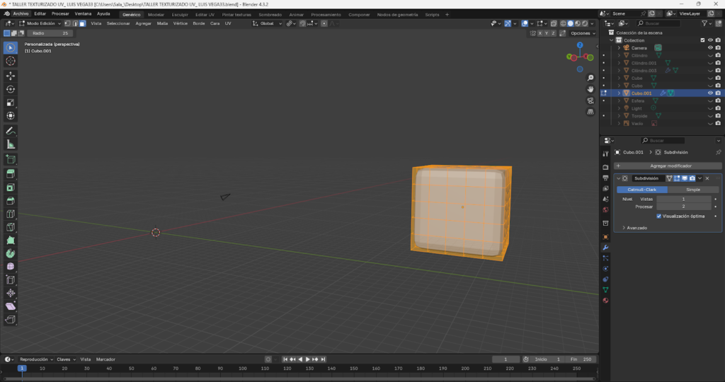 Proceso de creación de un dado 3D en Blender a partir de un cubo base, subdivisión de geometría y aplicación del modificador de superficie de subdivisión para suavizar bordes. Se incluye el marcado de costuras, despliegue del mapa UV y aplicación de textura personalizada, mostrando el ajuste manual de las caras para lograr un resultado limpio y realista en el texturizado.