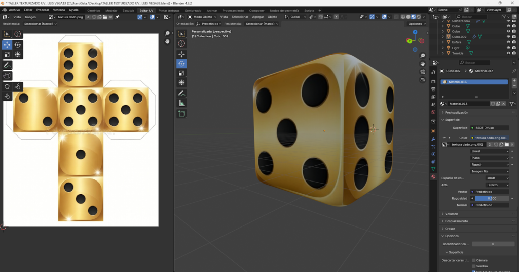 Proceso de creación de un dado 3D en Blender a partir de un cubo base, subdivisión de geometría y aplicación del modificador de superficie de subdivisión para suavizar bordes. Se incluye el marcado de costuras, despliegue del mapa UV y aplicación de textura personalizada, mostrando el ajuste manual de las caras para lograr un resultado limpio y realista en el texturizado.