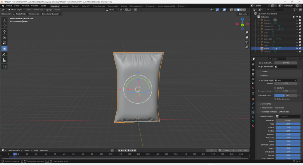 Desarrollo de un paquete de Doritos en Blender utilizando un plano base con múltiples subdivisiones, extrusión de bordes y aplicación del modificador Solidify. Se implementa dinámica de ropa con presión para simular el inflado del empaque, ajuste de gravedad y aplicación del modificador Cloth. Finalmente, se realiza el mapeado UV y adaptación manual de la textura para lograr un acabado visual realista del producto.