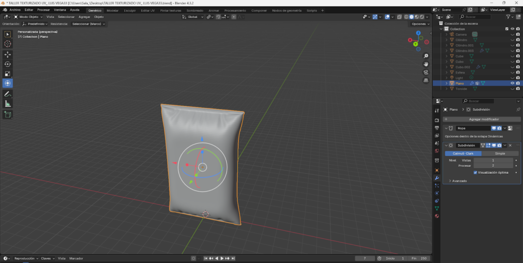 Desarrollo de un paquete de Doritos en Blender utilizando un plano base con múltiples subdivisiones, extrusión de bordes y aplicación del modificador Solidify. Se implementa dinámica de ropa con presión para simular el inflado del empaque, ajuste de gravedad y aplicación del modificador Cloth. Finalmente, se realiza el mapeado UV y adaptación manual de la textura para lograr un acabado visual realista del producto.