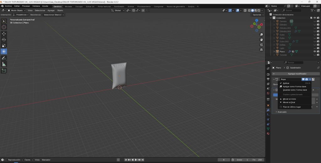 Desarrollo de un paquete de Doritos en Blender utilizando un plano base con múltiples subdivisiones, extrusión de bordes y aplicación del modificador Solidify. Se implementa dinámica de ropa con presión para simular el inflado del empaque, ajuste de gravedad y aplicación del modificador Cloth. Finalmente, se realiza el mapeado UV y adaptación manual de la textura para lograr un acabado visual realista del producto.