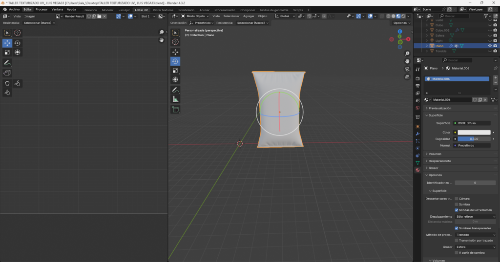 Desarrollo de un paquete de Doritos en Blender utilizando un plano base con múltiples subdivisiones, extrusión de bordes y aplicación del modificador Solidify. Se implementa dinámica de ropa con presión para simular el inflado del empaque, ajuste de gravedad y aplicación del modificador Cloth. Finalmente, se realiza el mapeado UV y adaptación manual de la textura para lograr un acabado visual realista del producto.
