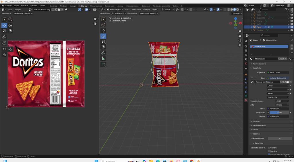 Desarrollo de un paquete de Doritos en Blender utilizando un plano base con múltiples subdivisiones, extrusión de bordes y aplicación del modificador Solidify. Se implementa dinámica de ropa con presión para simular el inflado del empaque, ajuste de gravedad y aplicación del modificador Cloth. Finalmente, se realiza el mapeado UV y adaptación manual de la textura para lograr un acabado visual realista del producto.