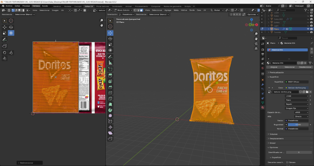Desarrollo de un paquete de Doritos en Blender utilizando un plano base con múltiples subdivisiones, extrusión de bordes y aplicación del modificador Solidify. Se implementa dinámica de ropa con presión para simular el inflado del empaque, ajuste de gravedad y aplicación del modificador Cloth. Finalmente, se realiza el mapeado UV y adaptación manual de la textura para lograr un acabado visual realista del producto.