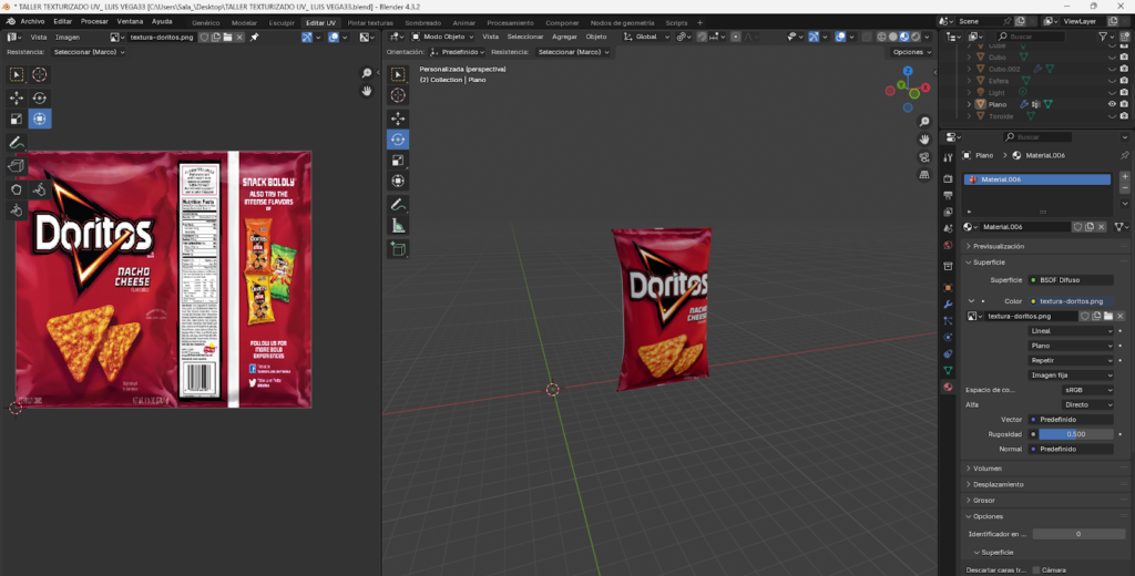 Desarrollo de un paquete de Doritos en Blender utilizando un plano base con múltiples subdivisiones, extrusión de bordes y aplicación del modificador Solidify. Se implementa dinámica de ropa con presión para simular el inflado del empaque, ajuste de gravedad y aplicación del modificador Cloth. Finalmente, se realiza el mapeado UV y adaptación manual de la textura para lograr un acabado visual realista del producto.