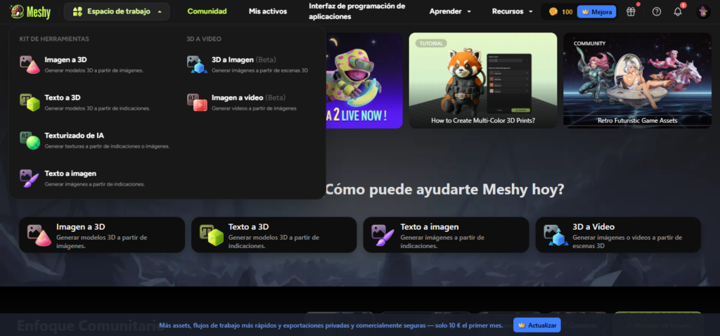 Interfaz de Meshy IA