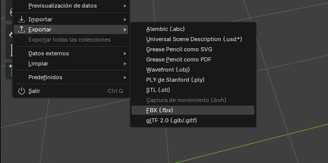 Configuración del panel de exportación FBX en Blender seleccionando solo el modelo y el esqueleto para animar en Mixamo
