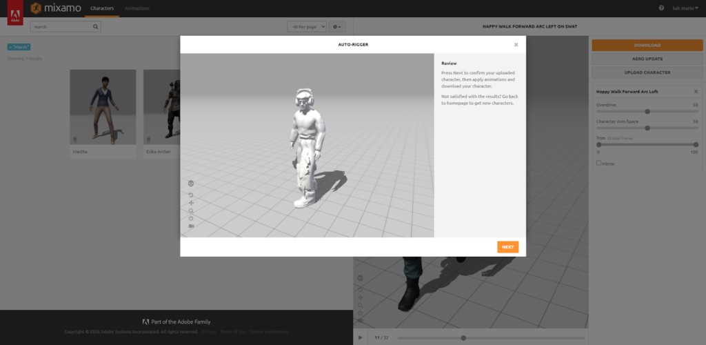 Proceso de rigging automático en la plataforma Mixamo para asignar una estructura de huesos a un personaje 3D