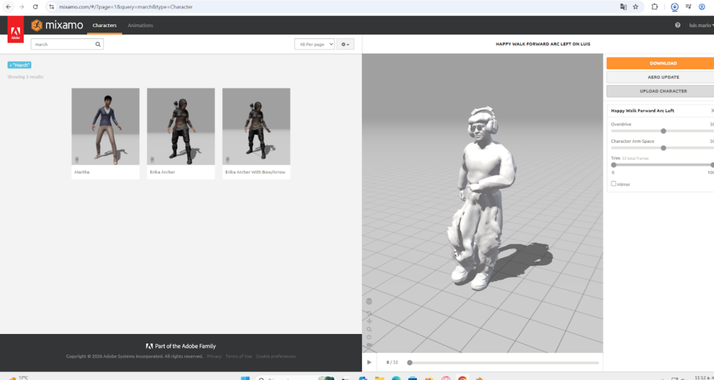 Proceso de rigging automático en la plataforma Mixamo para asignar una estructura de huesos a un personaje 3D