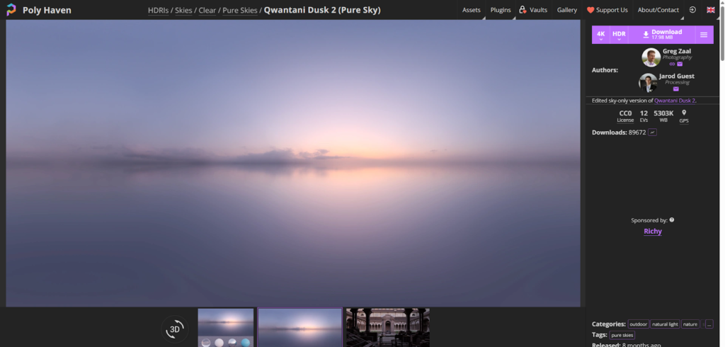 Integración de una textura de cielo HDR 4K desde Poly Haven para lograr iluminación realista en el entorno 3D