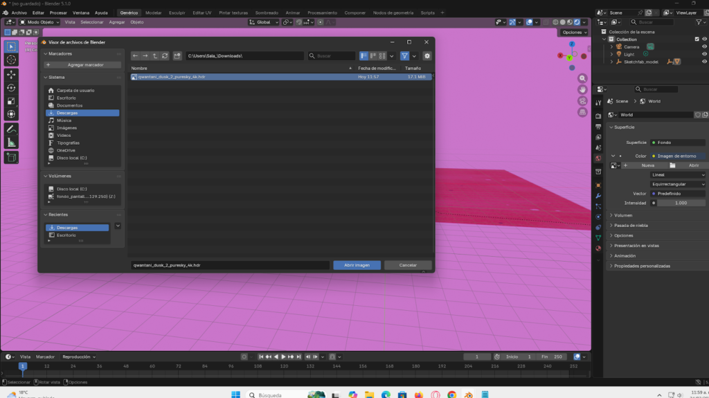 Integración de una textura de cielo HDR 4K desde Poly Haven para lograr iluminación realista en el entorno 3D